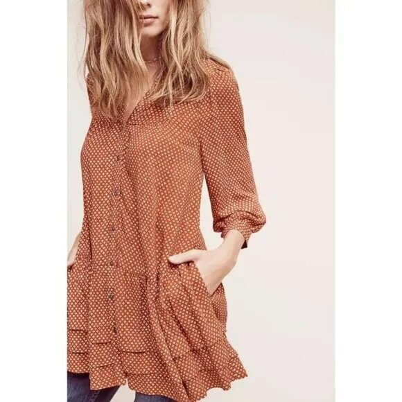 Anthropologie Holding Horses Pavin Rust Red White Button Down Ruffle Tunic - Picture 12 of 12